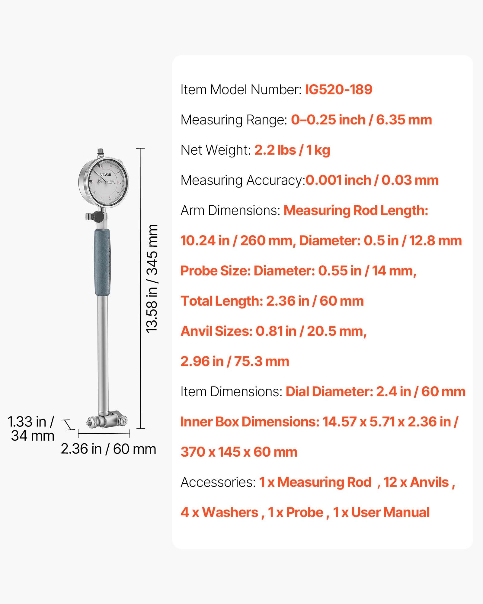 VEVOR Juego de Calibres de Cuadrante, Precisión de 0,03 mm, Rango de 0 a 6,35 mm, Indicador de Cuadrante y Comprobador de Diámetro Interior, con Varilla, Caja de Almacenamiento y Yunques, Negro