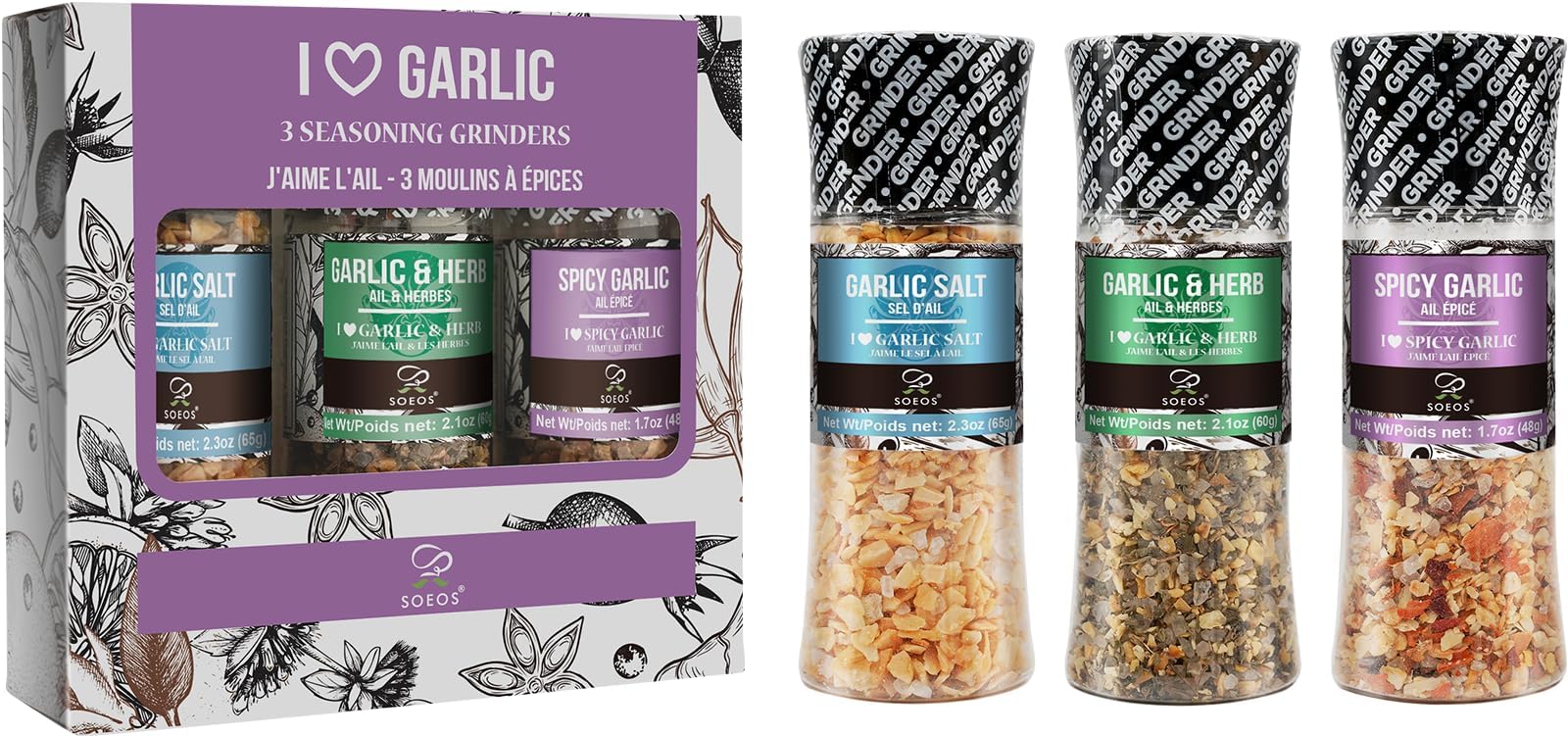 Soeos Spice Seasoning Set of 3 with Integrated Grinders, Spicy Garlic, Garlic & Herbs, Garlic Salt, Seasoning Gift Set.