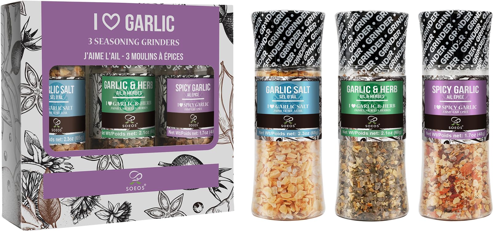 Soeos Spice Seasoning Set of 3 with Integrated Grinders, Spicy Garlic, Garlic & Herbs, Garlic Salt, Seasoning Gift Set.