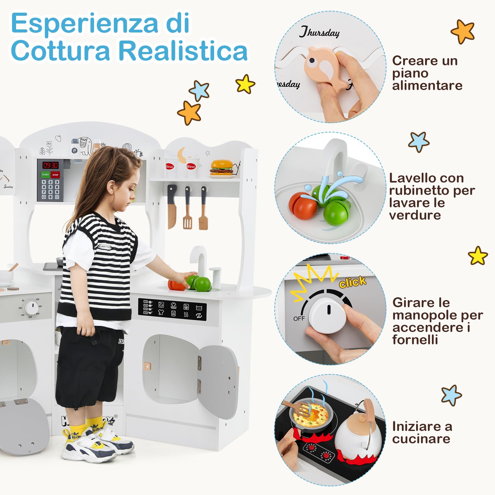 RELAX4LIFE Cucina Giocattolo per Bambini, Mini Cucina Angolare in Legno con Luci e Suoni Reali, Utensili, Set Giocattoli per Bambini 3+ Anni, 105 x 30 x 95 cm (Bianco)
