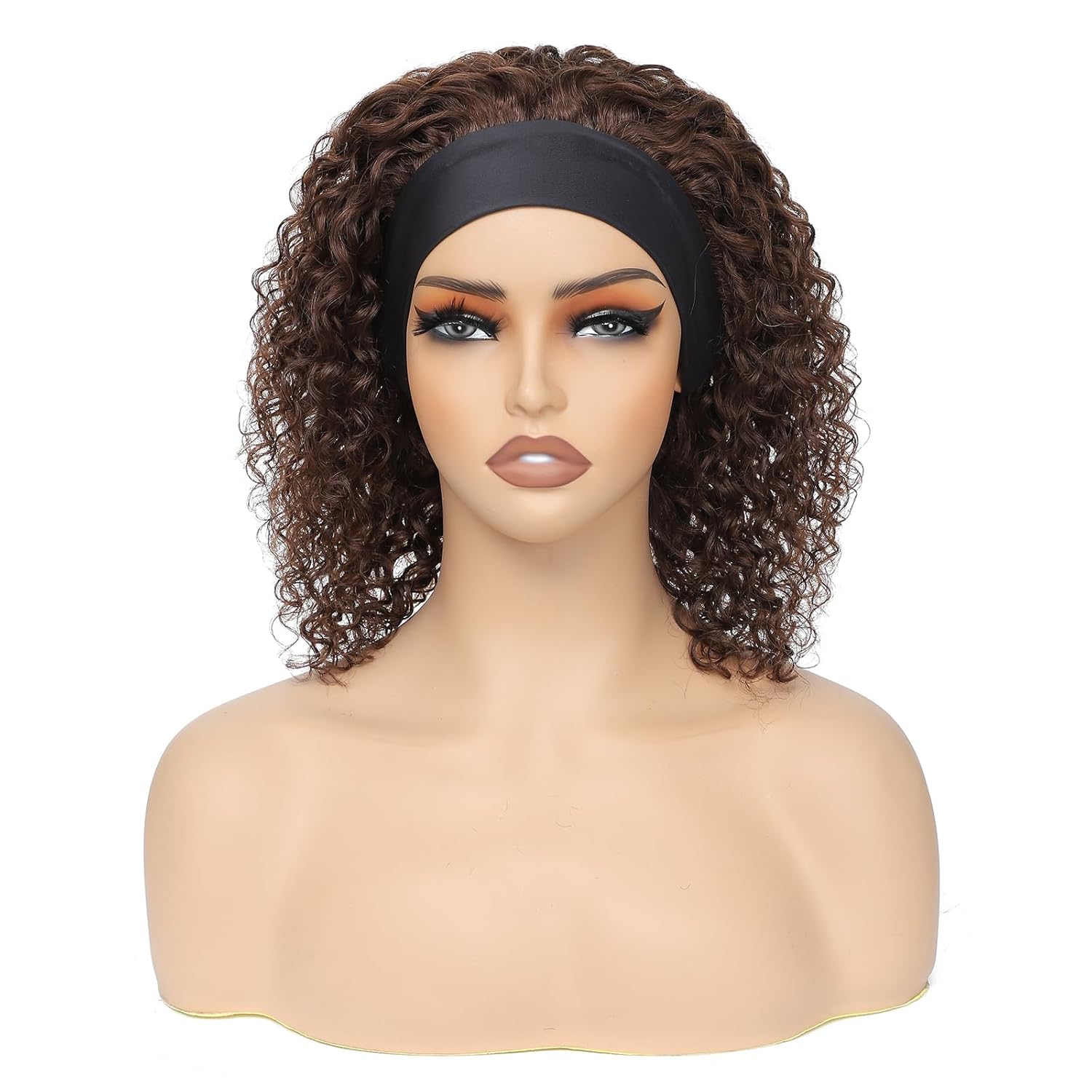 Short Curly Headband Wigs Human Hair Wig for Black Women, Color #4 Glueless Kinky Curly Wigs 100% Unprocessed Hair Chocolate Brown None Lace Front Wigs Dark Brown 150% Density (14 Inch, #4)