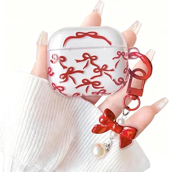 Lovmooful Compatible for AirPods 4th Case Cute Clear Ribbon Bowknot with Lovely Pearl Chain Design for Women Girls Soft TPU Shockproof Protective Cover Case for Airpods 4 - Red