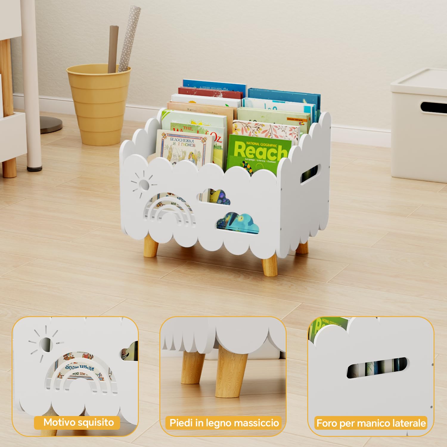 Libreria Montessoriana per Bambini Legno, Porta Libri Contenitore Giochi da Terra, per Cameretta Bambini e Stanza dei Giochi, Scatola Porta Oggetti, Espositore Libri