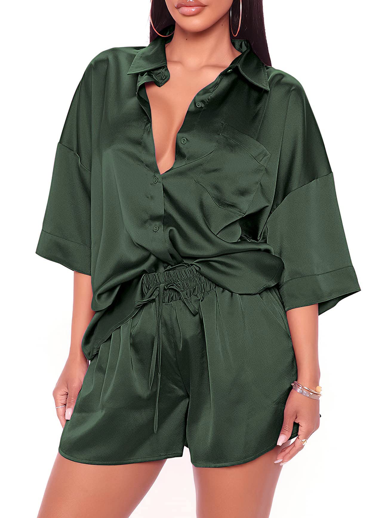 SPSHODOWWomen's 2 Piece Satin Pajama Sets Short Sleeve Button Down Tops And Shorts Set Loose Fit Summer Pjs Silk Sleepwear