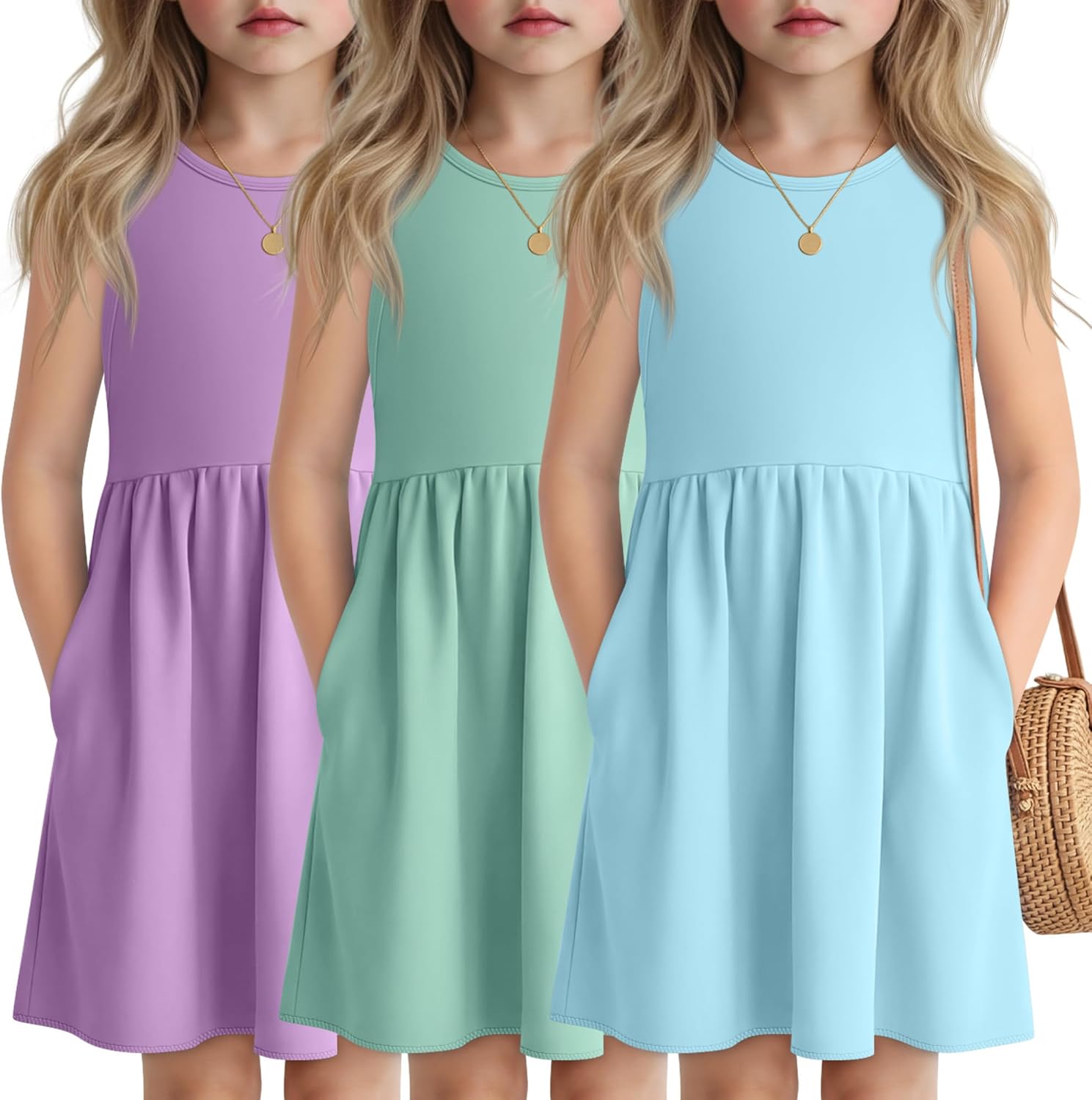 3 Pack Girls Sleeveless Summer Dresses 4T-13Y 2 Pockets Midi Tank Sundress Kids Casual Crewneck Loose Beach Dress