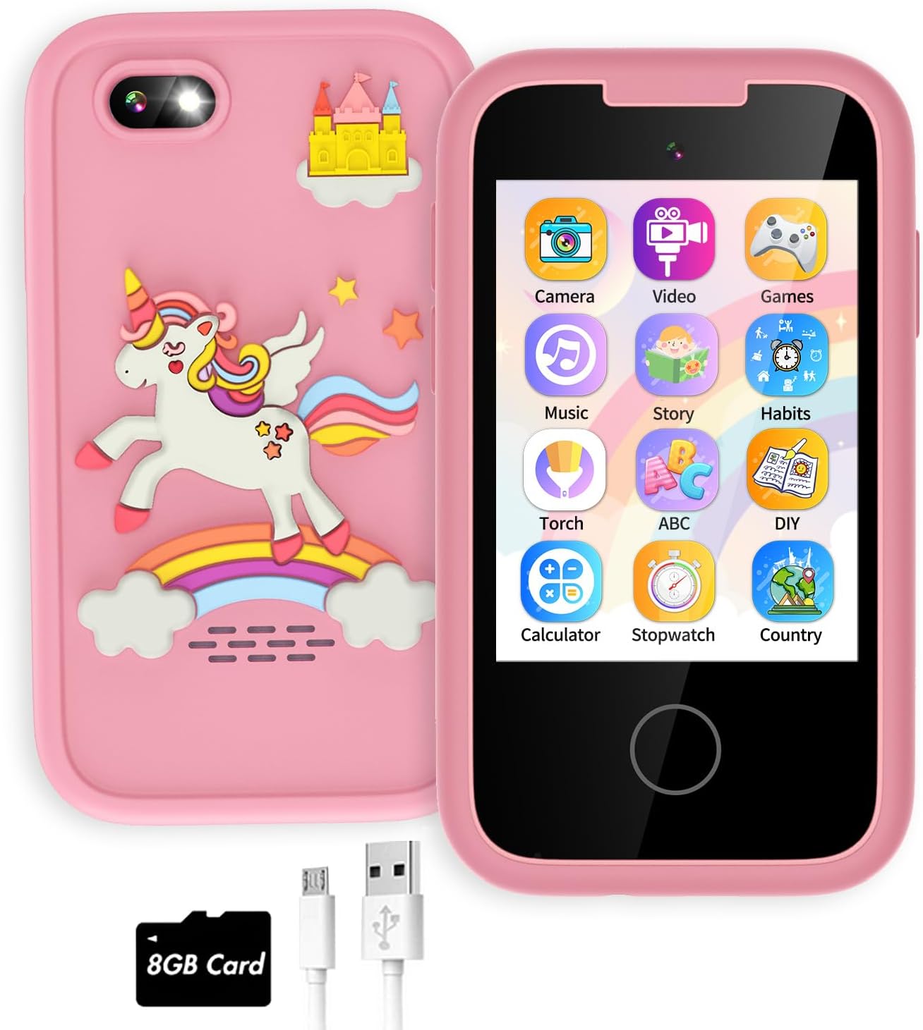 TKECWOB Kids Smart Phone For Girls Touchscreen Kids Phone Gifts For Girls Age 6-8 With Dual Camera Music Game Learning Toy Phone Christmas Birthday Gifts For 3 4 5 6 7 8 Year Old Girl With 8G Sd Card