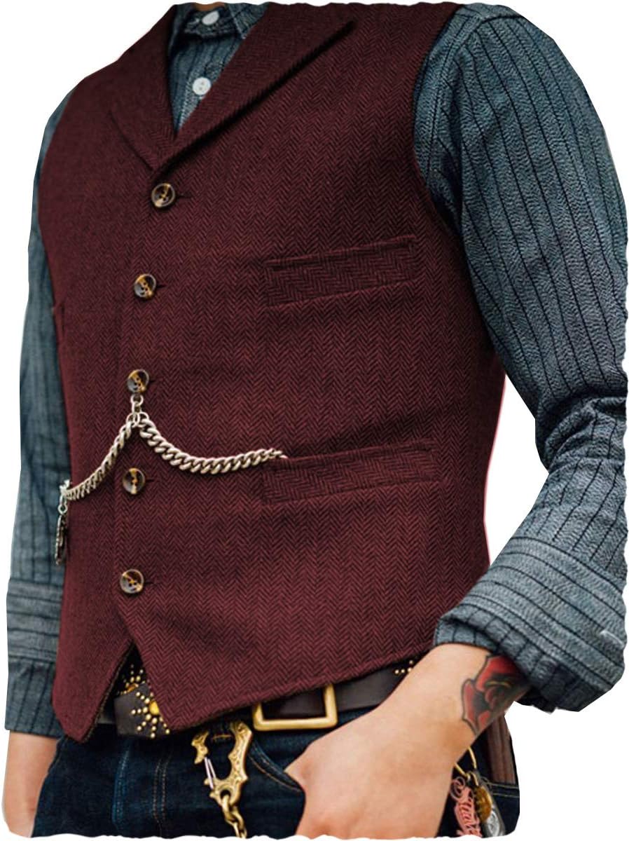Vintage Men Vest Slim Fit Tweed Wool Herringbone Business Waistcoat for Wedding Groomsmen