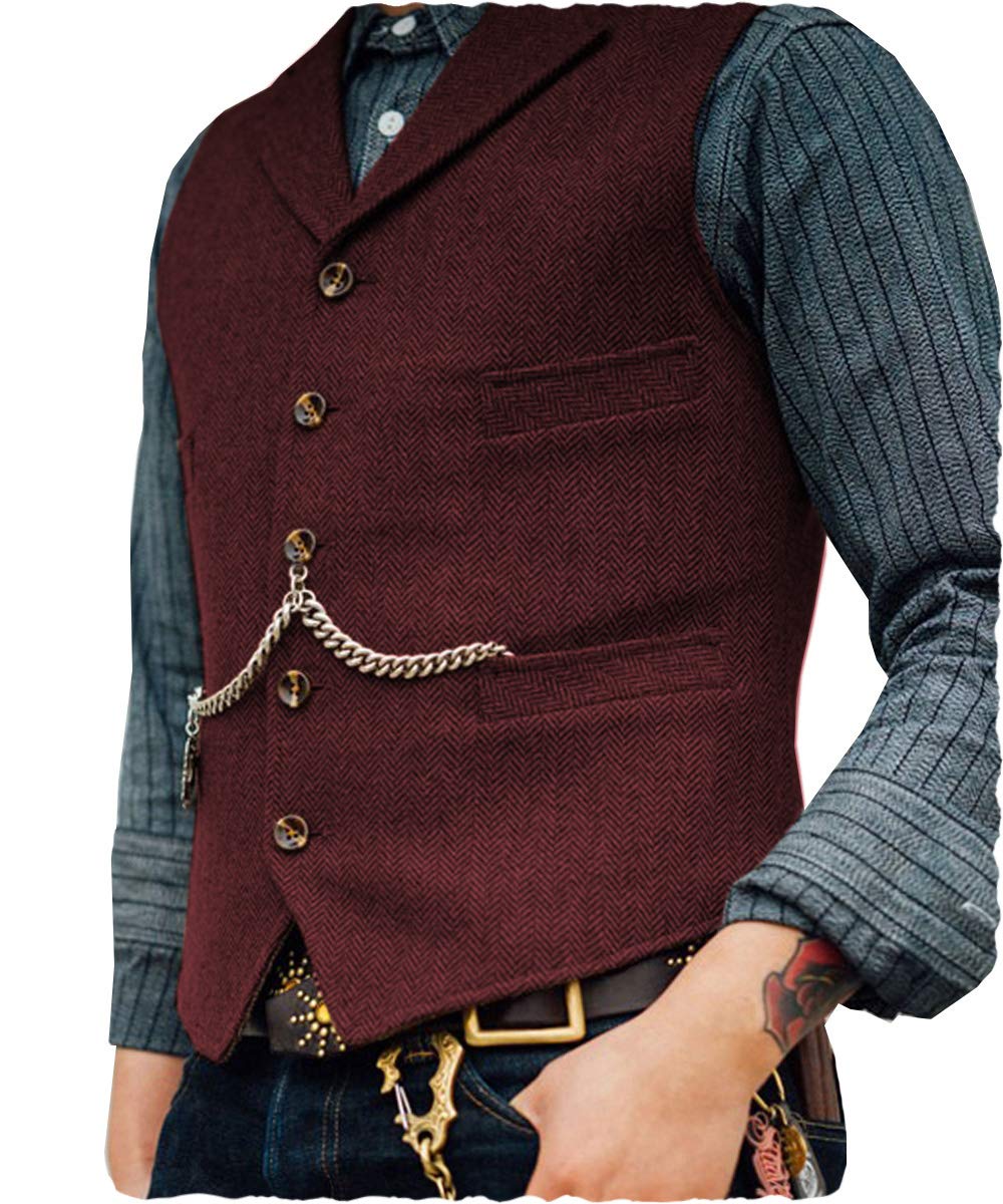 AeoTeokey Classic Mens Wool Tweed Suit Vest Casual Sleeveless Jacket Herringbone Waistcoat for Tuxedos(XXL,Burgundy)