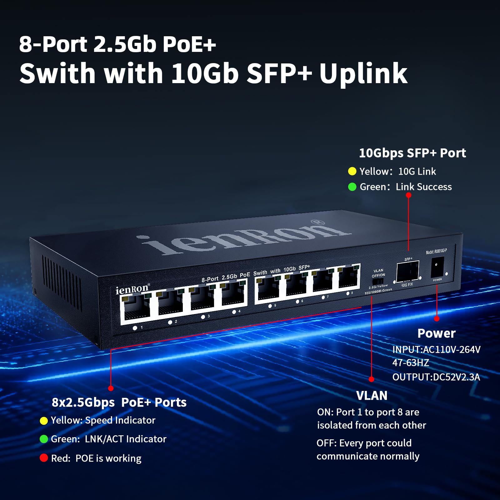 Interruptor PoE+ de 2.5G de 8 puertos con 10G SFP+ Uplink, IEEE 802.3af/at PoE 2.5gb Ethernet, 30W por puerto, 120W en total, capacidad de 60Gbps, Vlan, metal sin ventilador, 6KV, Plug and Play para