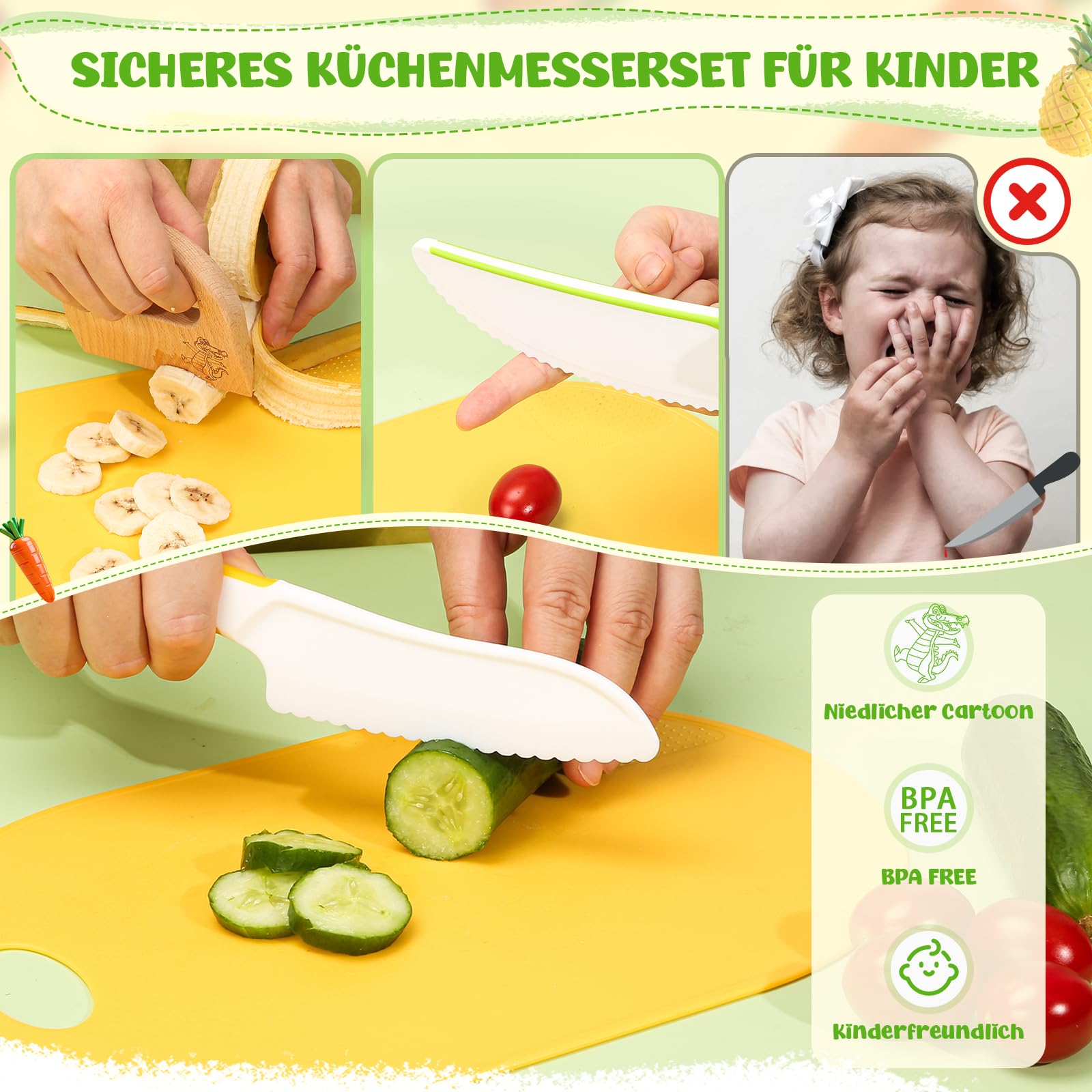 Kindermesser 21- teiliges Kinder Sicherheit Küchenmesser für echtes Kochen und Schneiden mit Krokodil Holzmesser, Schneidebrett, Kinder Küchenspielzeug für Lernen & Spielen Montessori Messer