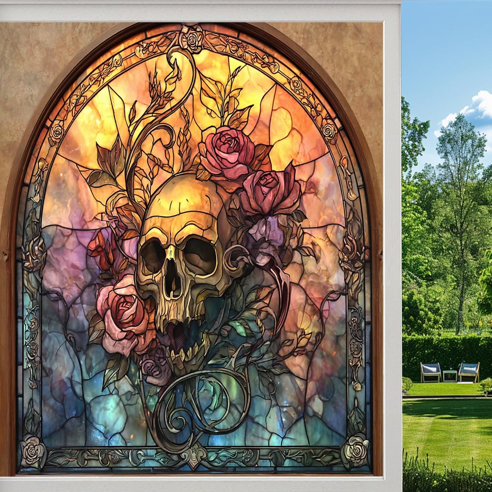 Abstract Flower Skull Frosted Window Film, Gothic Mystery Bones Stained Glass Privacy Film, Heat Insulation Self-Adhesive Vinyl for Bathroom Office,（90x160cm）