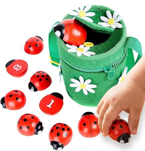 Counting Ladybugs - Montessori Wooden Counting Toy for Girls 3 4 5 Year Old - Ladybug Learning Toys for Toddlers - Preschool Kids Toys for Number Matching, Sorting & Fine Motor Skills - Lady Bug Gifts