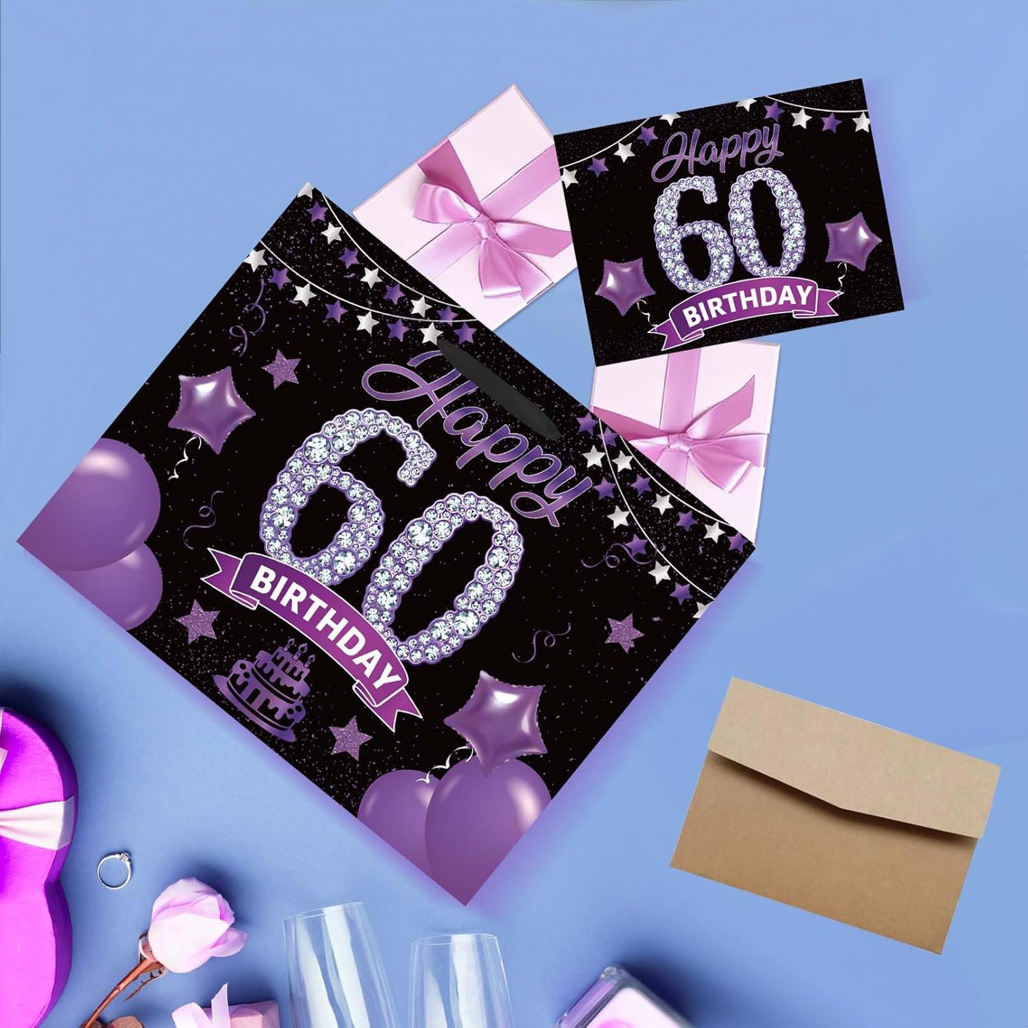 SolarGlory Black Purple 60th Birthday Gift Bag With Handles Includes Greeting Card and Tissue Paper for Women Men Birthday Party Decorations Supplies Anniversary Party Favors - Image 6