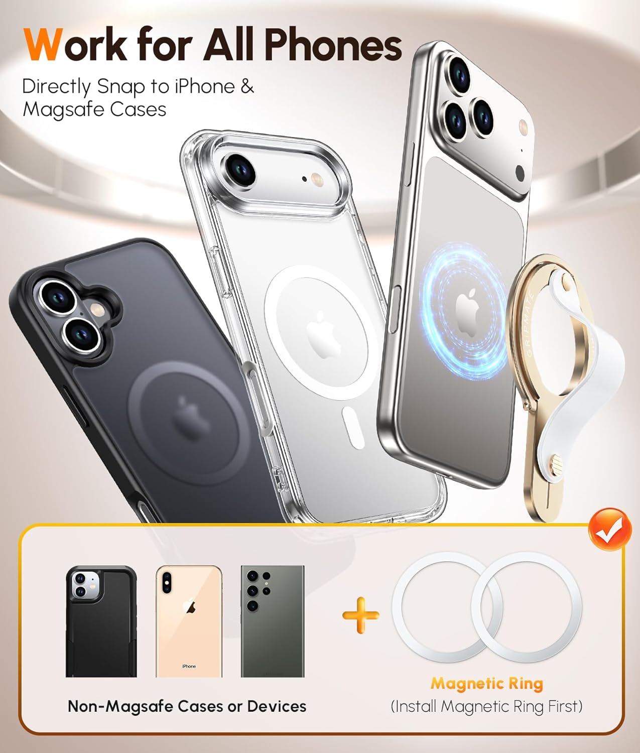 2nd Gen for Magsafe Phone Grip for iPhone - Strong Dual-Sided Magnetic Phone Ring Holder - Detachable, Comfortable Finger Loop Stand for iPhone 17 Pro Max 16 15/14/13/12 Series (Gold) - Image 5