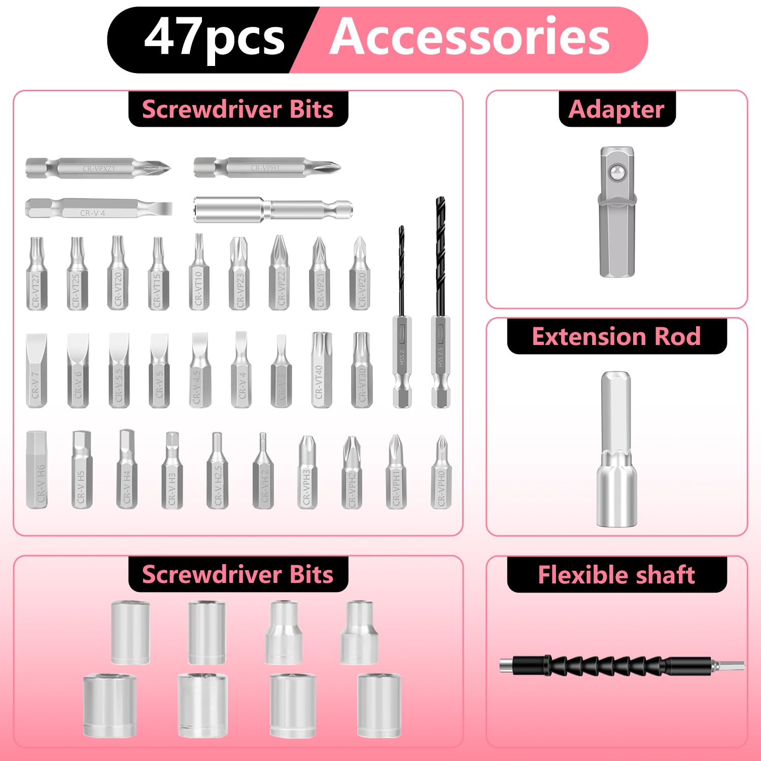 JENABOM Electric Screwdriver Cordless, 47 in 1 Portable Pink Cordless Driver - Image 3
