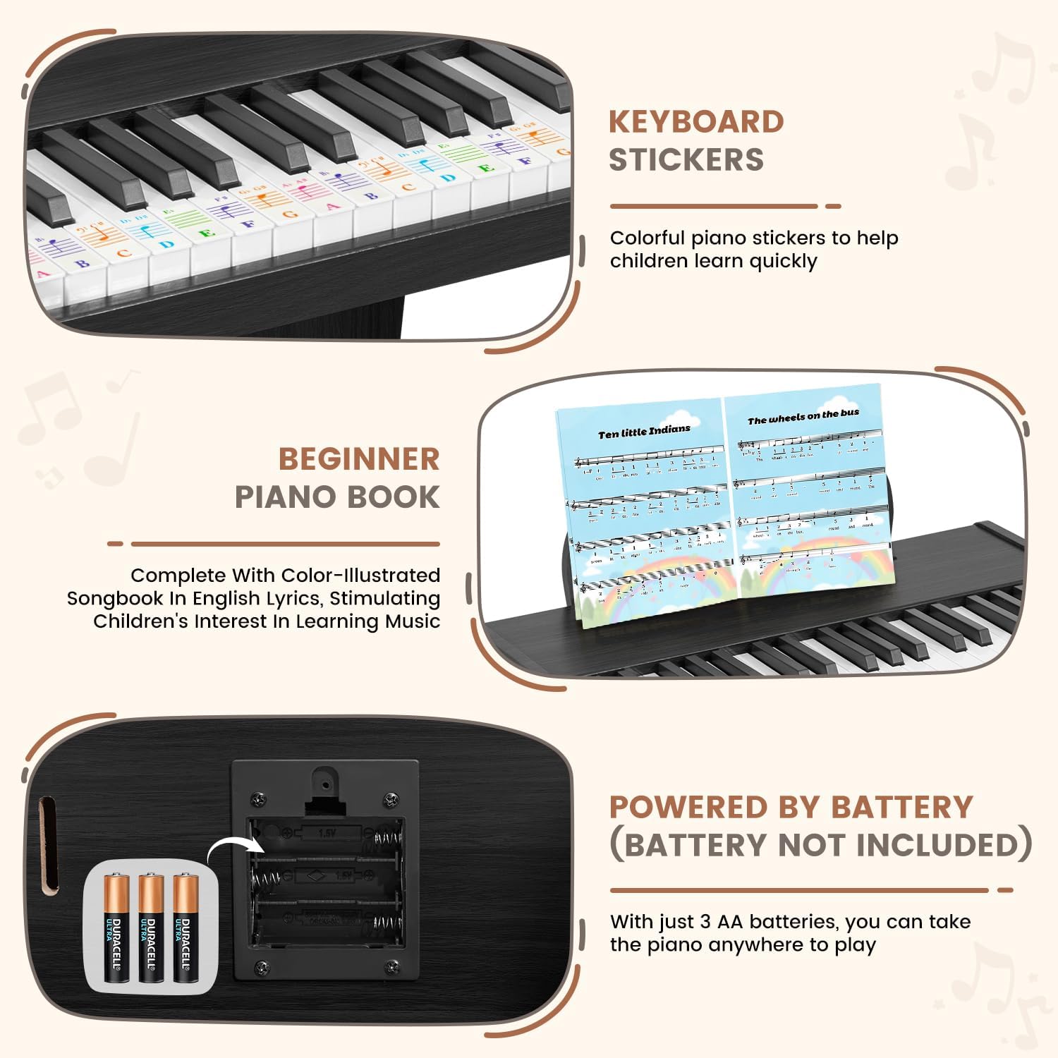 Kids Piano Keyboard, 37 Keys Wood Digital Piano for Kids, Mini Baby Piano Toy, Music Educational Instrument Toy for 2+ Girls and Boys (Black)