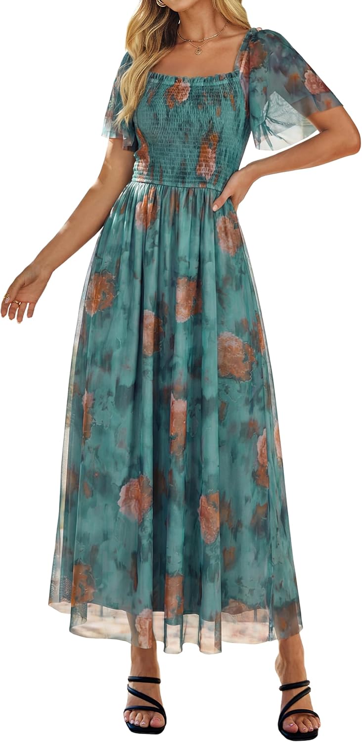Simplee Womens Floral Maxi Dresses 2026 Spring Square Neck Mesh Short Sleeve Smocked Boho Flowy Wedding Guest Dress