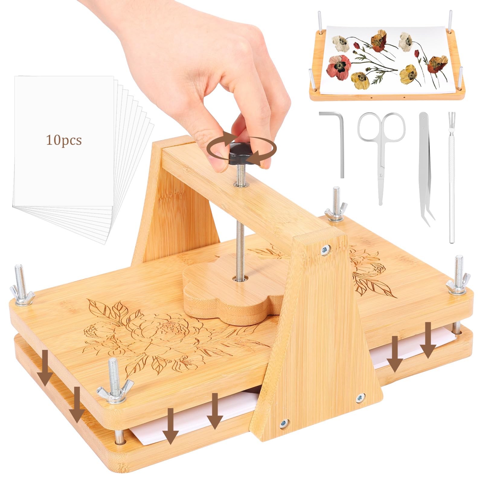 Großes Blumenpressen-Set,DIY-Blumenpress-Set aus Holz mit Zubehör für Getrocknete Blumen, Pflanzenproben, Hochzeiten, DIY-Handwerk, 27,9 x 17,8 cm