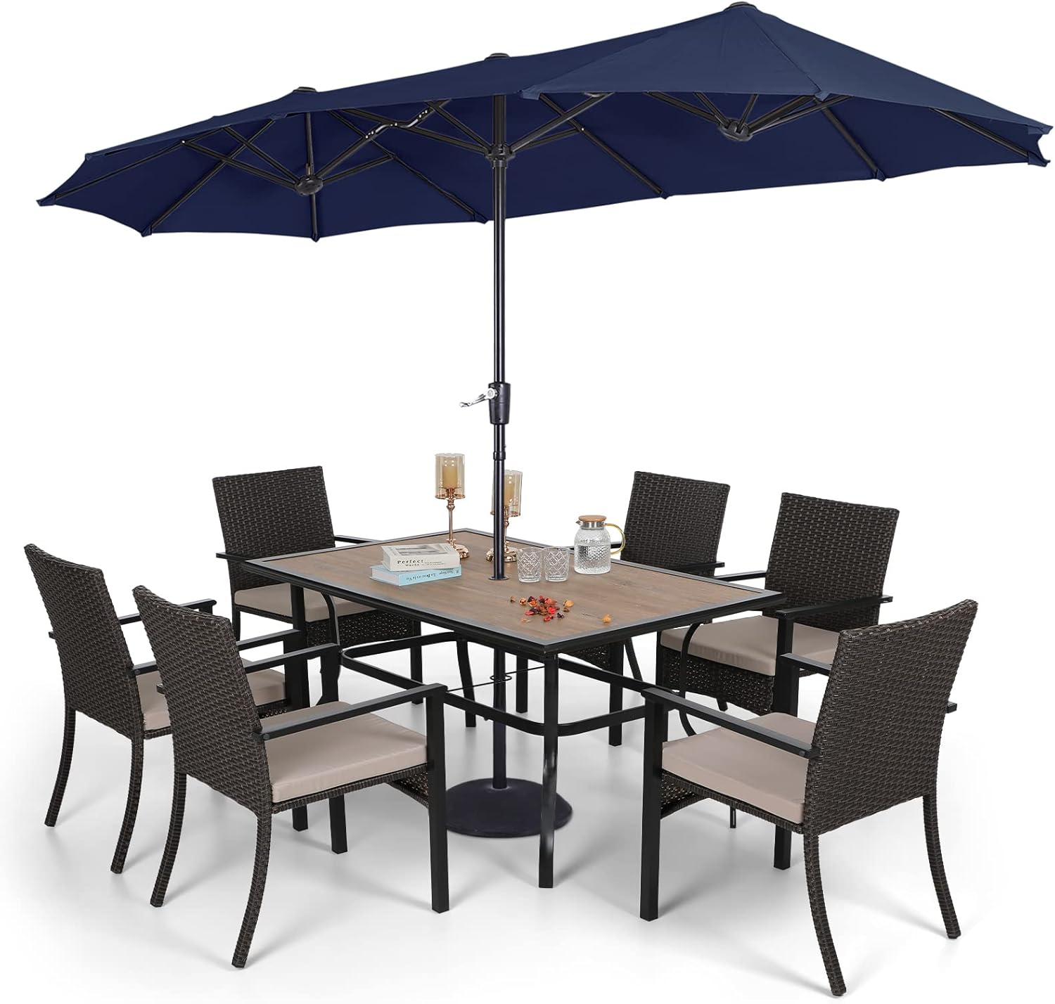 Sophia & William 7 Pieces Patio Dining Set with 13 ft Navy Double-Sided Umbrella, Outdoor Rattan Chairs & Metal and PVC Table Set with Cushions and 1.57" Umbrella Hole for Terrace Backyard Porch