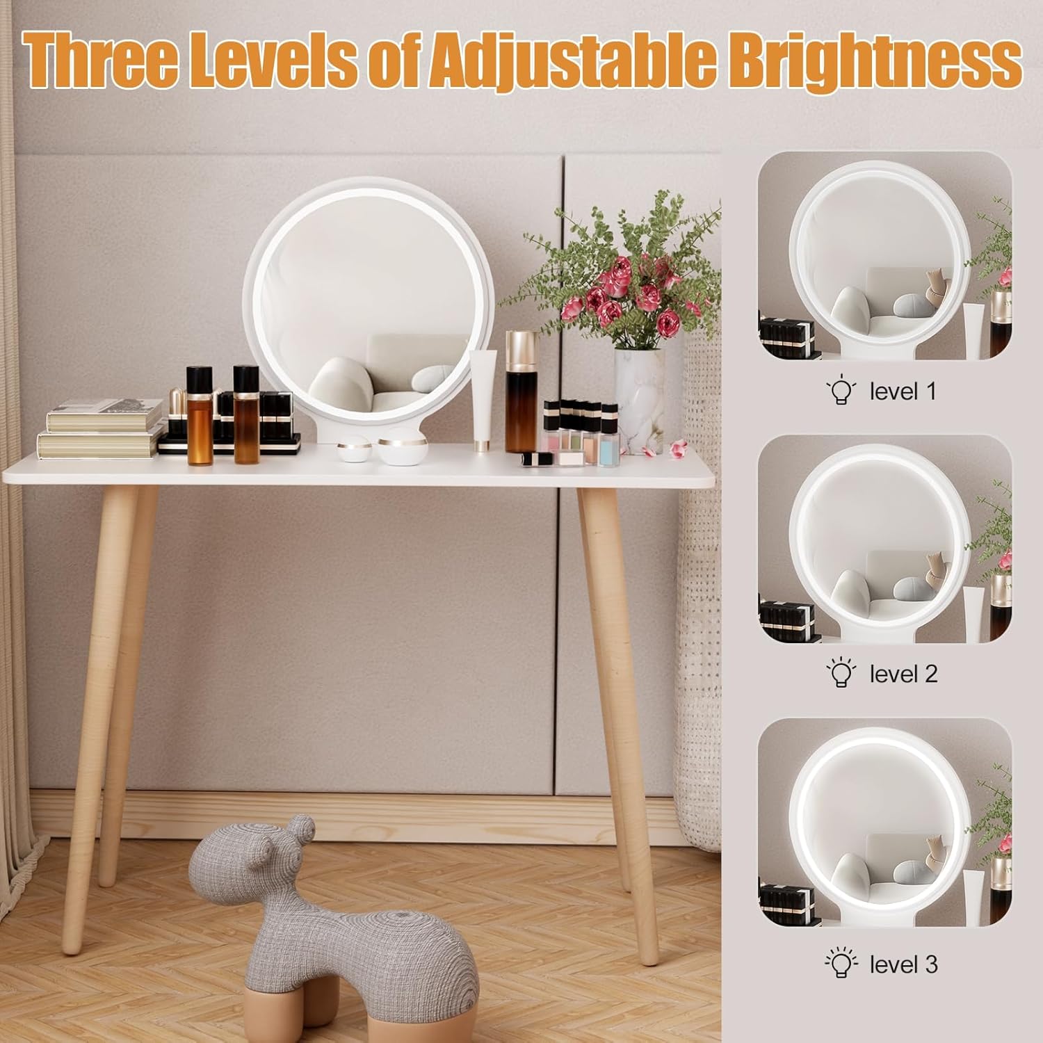 Small Makeup Vanity Table, Makeup Vanity Desk with Mirror and Lights, Small Space Vanity Mirror with Lights Desk, Girls Vanity Dressing Table, 40 Inch Spacious Desktop White