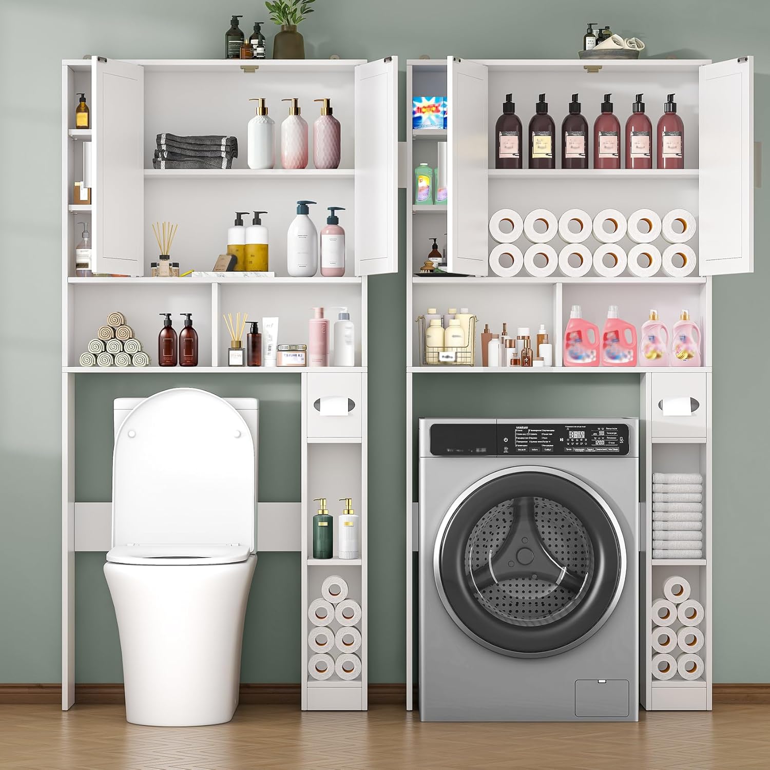 Bigbiglife Over The Toilet Storage Cabinet with 2 Barn Doors & Toilet Paper Holder, Freestanding Adjustable Bathroom Organizer, Space-Saving for Bathroom, Laundry Room (Barn Doors, White)