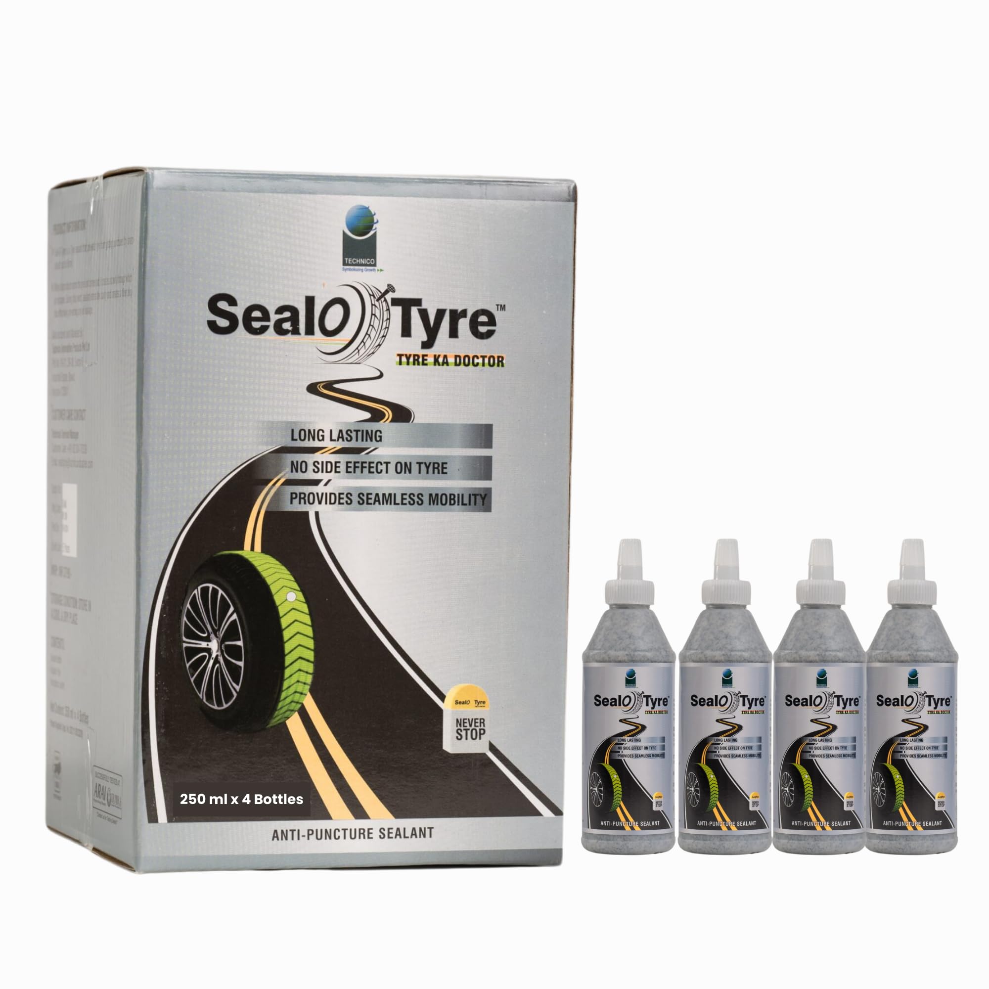 Sealotyre Anti Puncture Tubeless Tyre Sealant | Instant Puncture Repair for Car & Bike | Anti-Leak Formula | Gel Based Puncture Solution Pack of 4 (250ml) (Car Tyre Sealant 250ml*4)