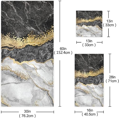 Miniatura 2 de Juego de toallas de baño para baño, toallas de mano, toallas de mano con diseño de mármol dorado y negro, 3 piezas, algodón decorativo, absorbente,
