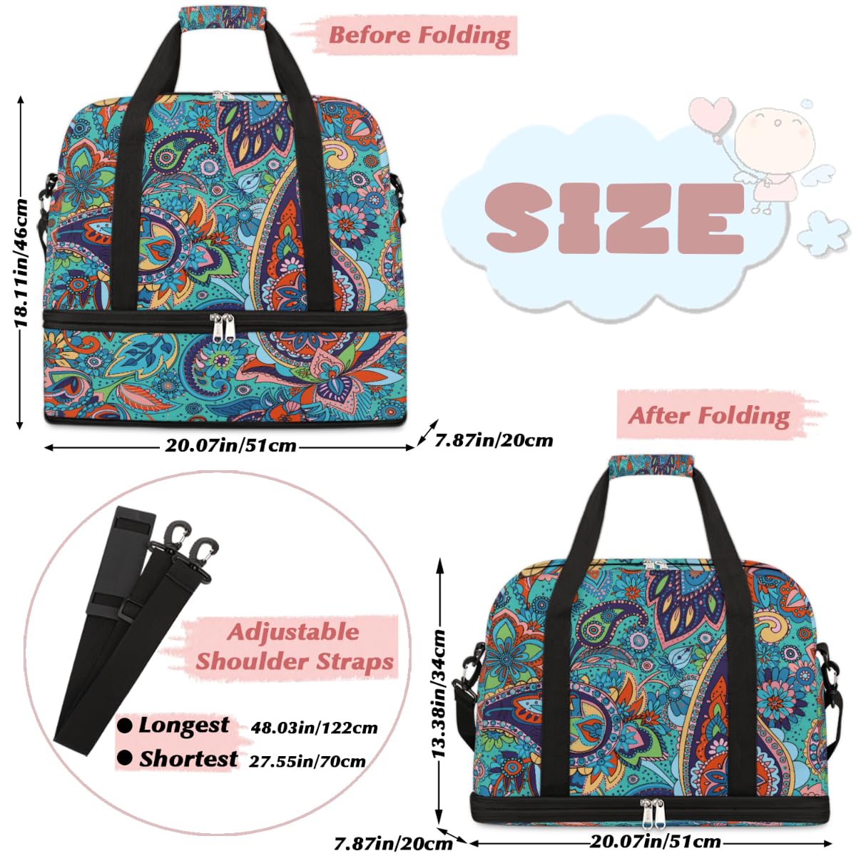 Bolsa de viaje plegable con patrón de cachemira, 47 L, bolsa de fin de semana con funda de carrito húmeda, bolsa de hombro separada para deportes, gimnasio, viajes, multicolor, 47L, Bolsa de viaje