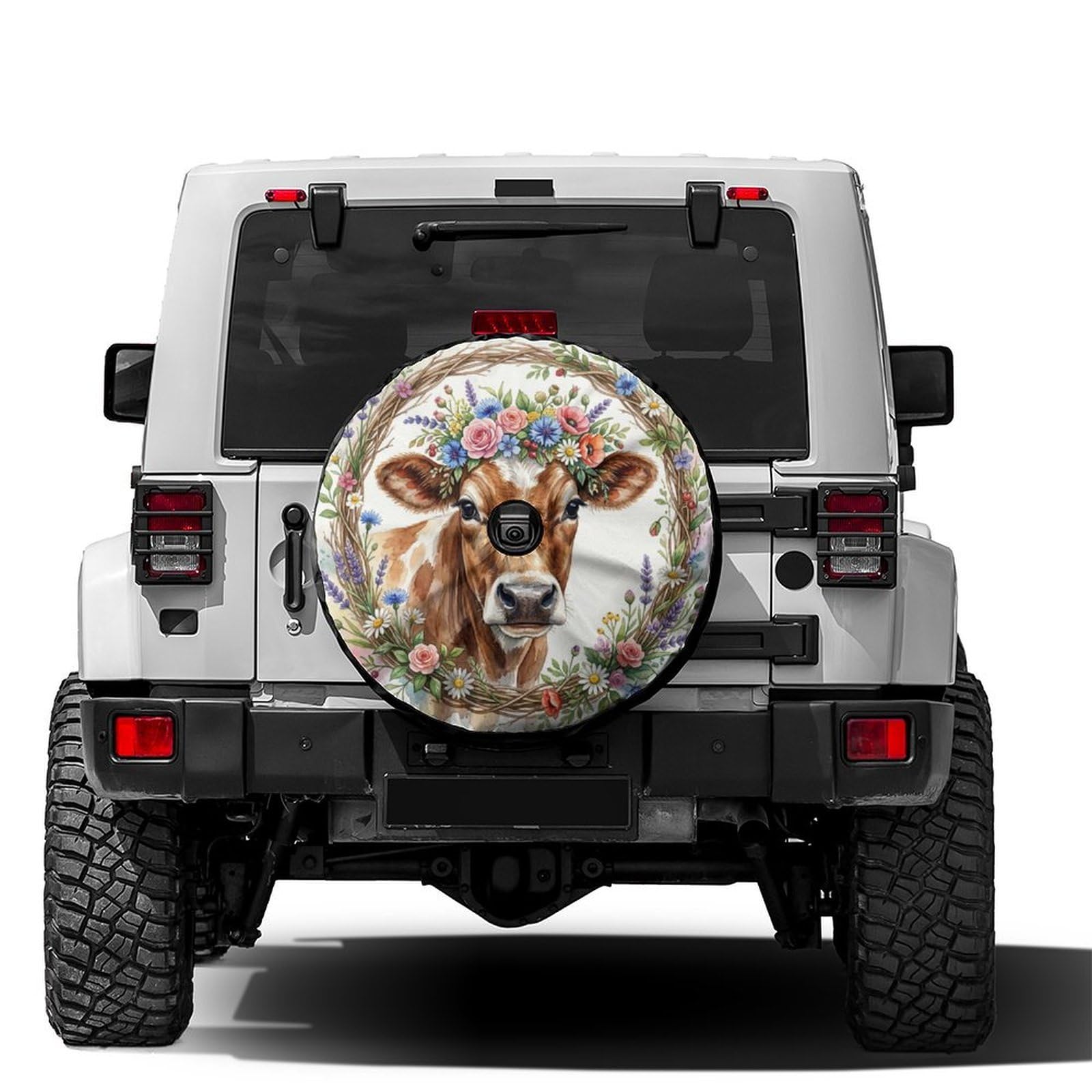 Delerain Spare Tire Cover with Backup Camera Hole Cow Portrait with Flowers Wheel Covers Waterproof Dust-Proof UV Sun Universal Fit for Jeep Trailer RV SUV Truck (17 Inch for Diameter 31"-33")