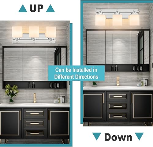 Miniatura 4 de Lámparas de baño modernas de 3 luces sobre espejo, luces cromadas para pared de baño con pantallas de vidrio blanco lechoso, enchufe E26 (bombillas