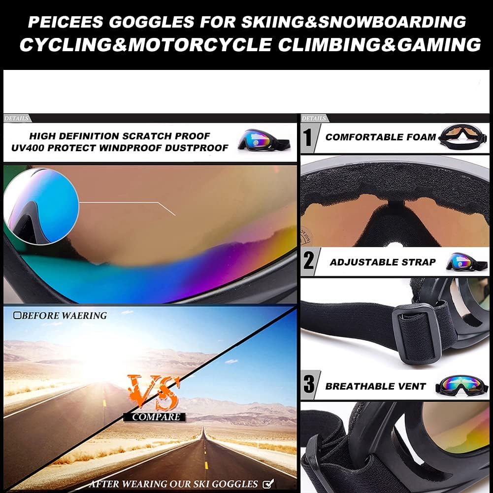 Peicees Pack of 4 Ski Goggles for Women Men Kids Snow Sports Motorcycle Snowboard Goggles