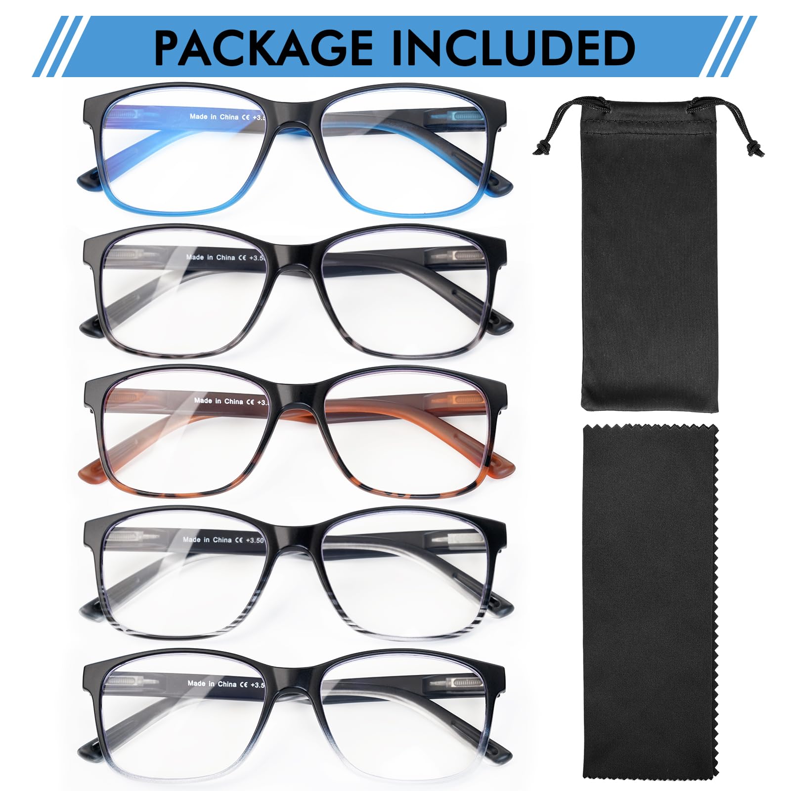 Gafas de lectura con bloqueo de luz azul para hombre, 5 unidades, con bisagra de resorte, lectores de computadora grandes y anchos para hombres