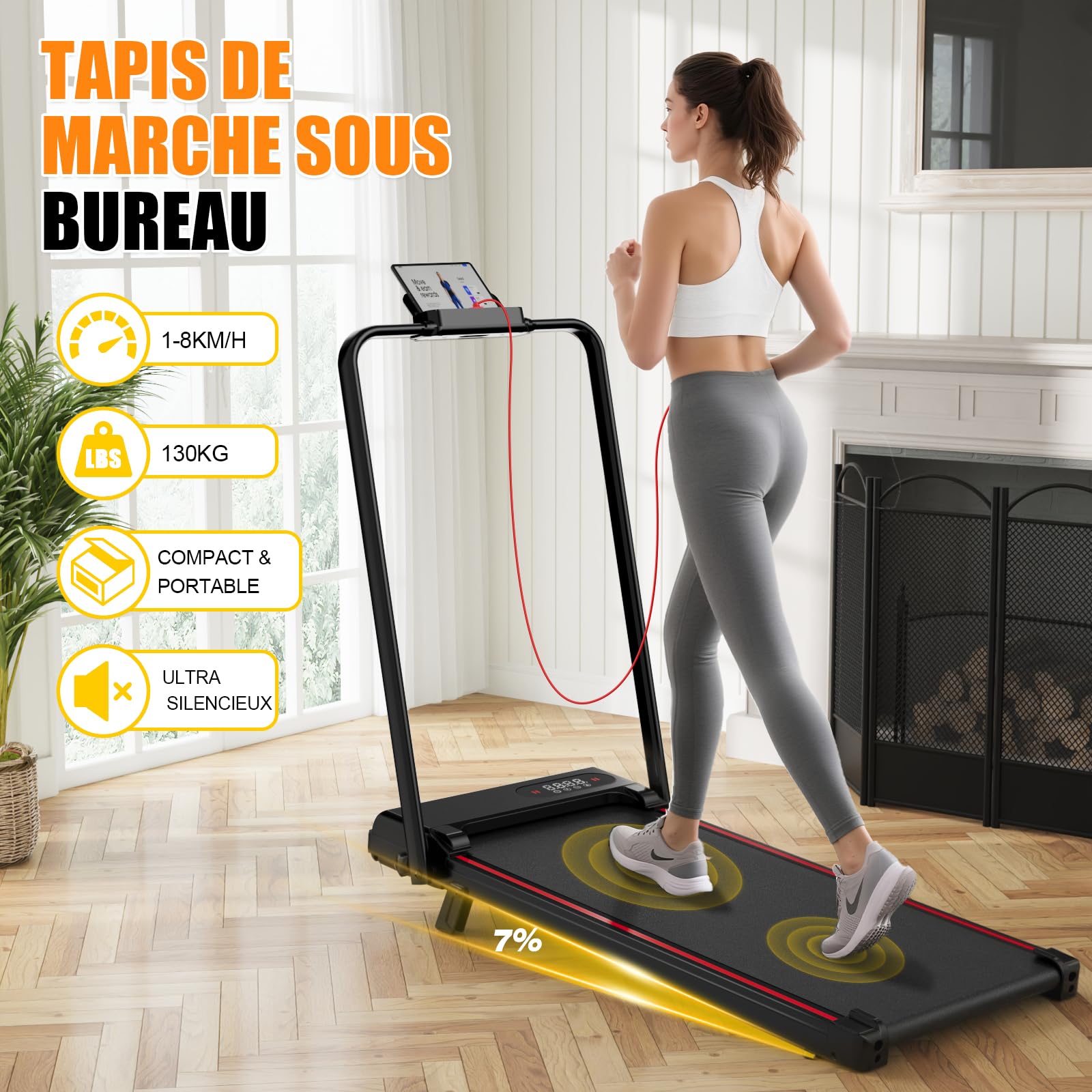 Tapis de Course 4 en 1 Pliable avec Pente 7% – Tapis de Marche Électrique 8 km/h, Moteur 2,5 CV, Système d’Amorti Avancé, Écran LCD, Cadre Renforcé, 130 kg Max – pour Maison & Bureau