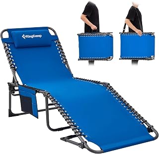 KingCamp Folding Lounge Chair: 5-Position Adjustable Lay-Flat Tanning Lounger with Pillow, Portable Outdoor Chaise for Beach, Pool, Patio - Blue