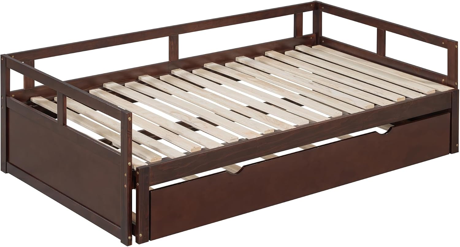 Flieks Espresso Daybed with Trundle Bed, Twin to King Design, 78.2" L x 79" W Extendable Bed, No Box Spring Needed, Solid Wood Platform Bed