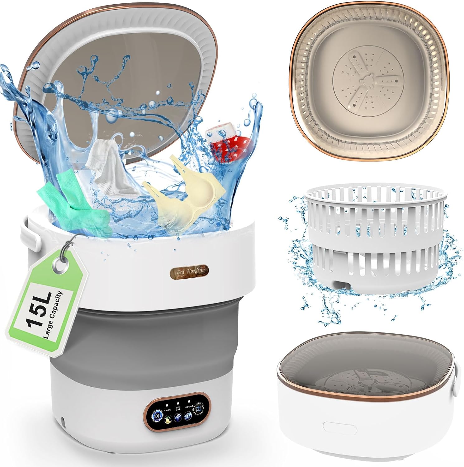 Portable Washing Machine, 15L Large Capacity, Small Foldable Washer with Dryer, Mini Collapsible Washer for Travel, Apartment, Dorm, Camping, Underwears, Socks, Baby Clothes, Grey