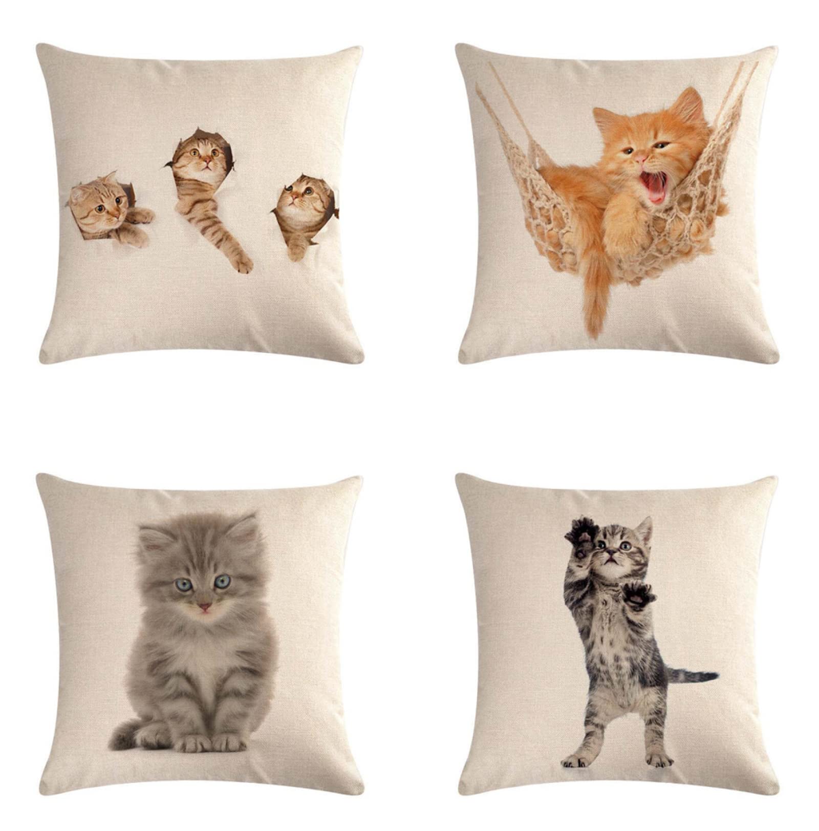 Juego de 4 Fundas de Cojines Decoración Cuadrado Funda de Almohada Cuadrado Lino Funda de Cojín Fundas Navideñas para Cojines Throw Pillow Case con Cremallera Invisible 65X65cm Gatos animales ,Color2