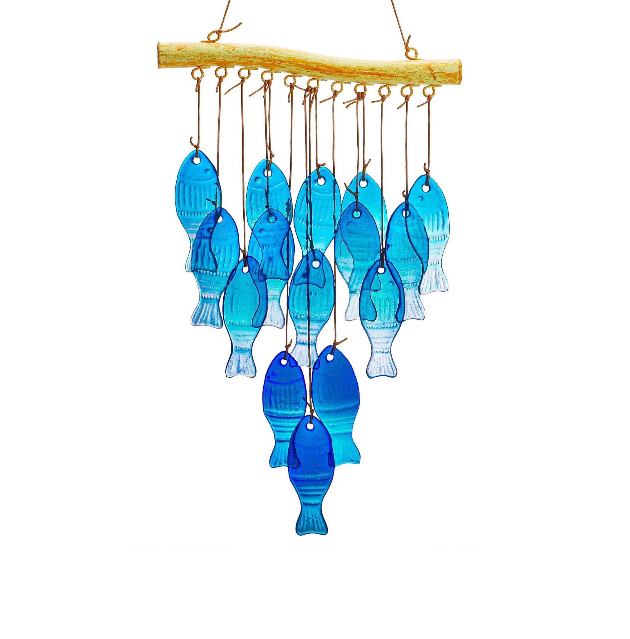 Handmade Blue Glass Fish Wind Chime Large Outdoor/Indoor Hanging Decor (Fish)