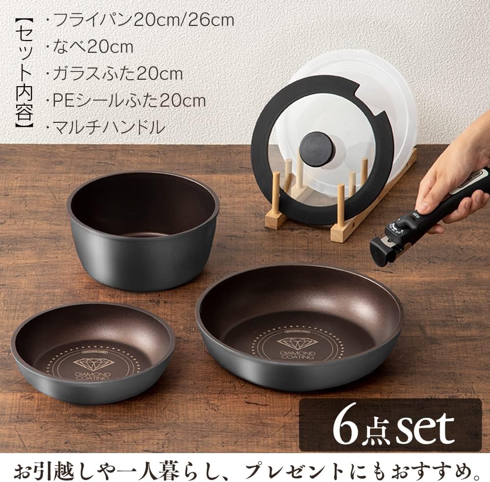 【Amazon.co.jp限定】 アイリスオーヤマ フライパン 鍋 セット IH&ガス火対応 6点 1人暮らしセット ダイヤモンドコート ダイヤモンドコートパン シルバー 取っ手のとれる 軽量 こびりつかずにお手入れ簡単 H-IS-SE6