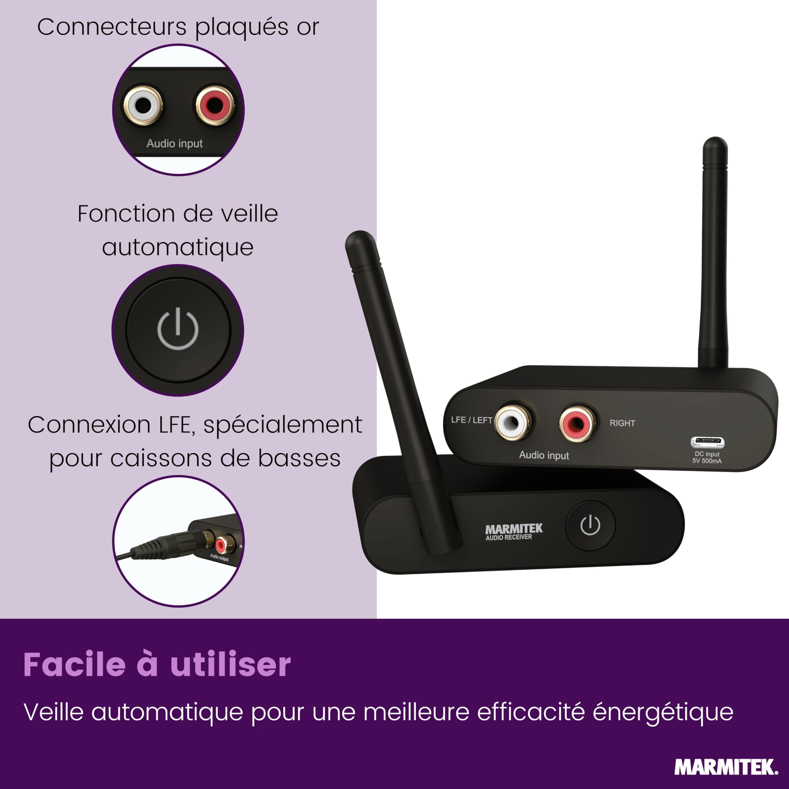 Marmitek WS400 - Kit subwoofer sans Fil pour Caisson de Basses Actif | Transmission numérique RCA/LFE 2,4 GHz pour caisson de basses sans fil, faible latence, home cinéma, Plug & Play et USB-C