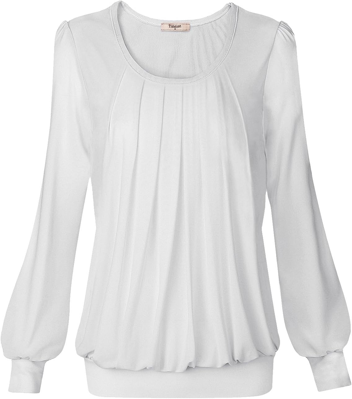 TimesonWomen's Long Sleeve Scoop Neck Pleated Front Fitted Blouse Tops