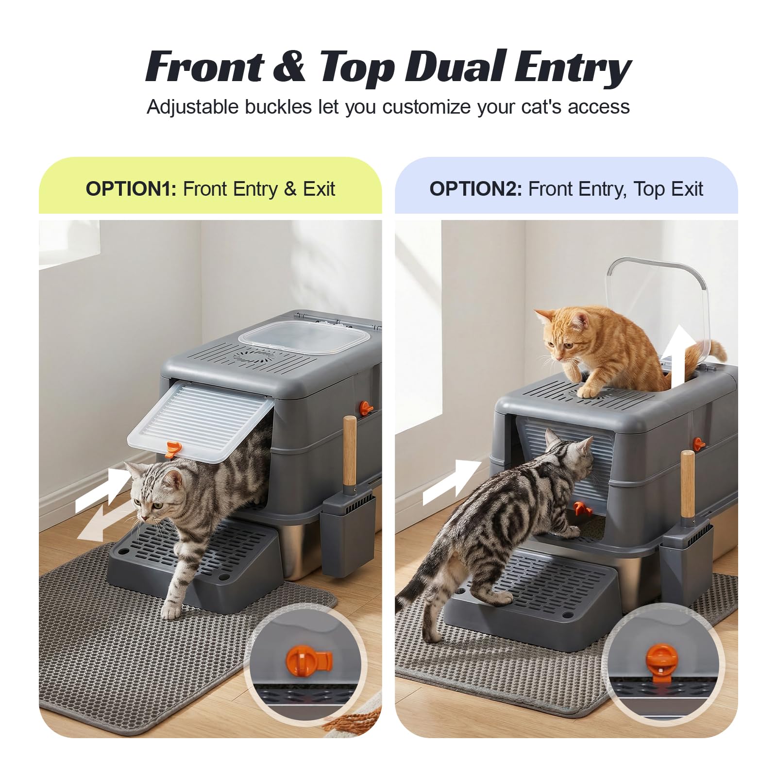 Stainless Steel Litter Box with Lid, Front Entry Top Exit Cat Litter Box, Extra Large High Sided Enclosed Metal Litter Box with Scoop, Pedal & Litter Mat, Grey - image 2