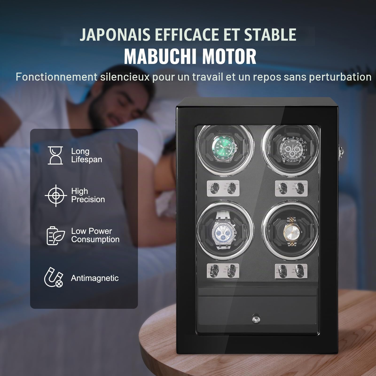 VEVOR Remontoir de montre pour 4 montres automatiques pour homme et femme, avec 4 moteurs japonais Mabuchi super silencieux, lumière LED bleue et adaptateur, coque en carton haute densité et