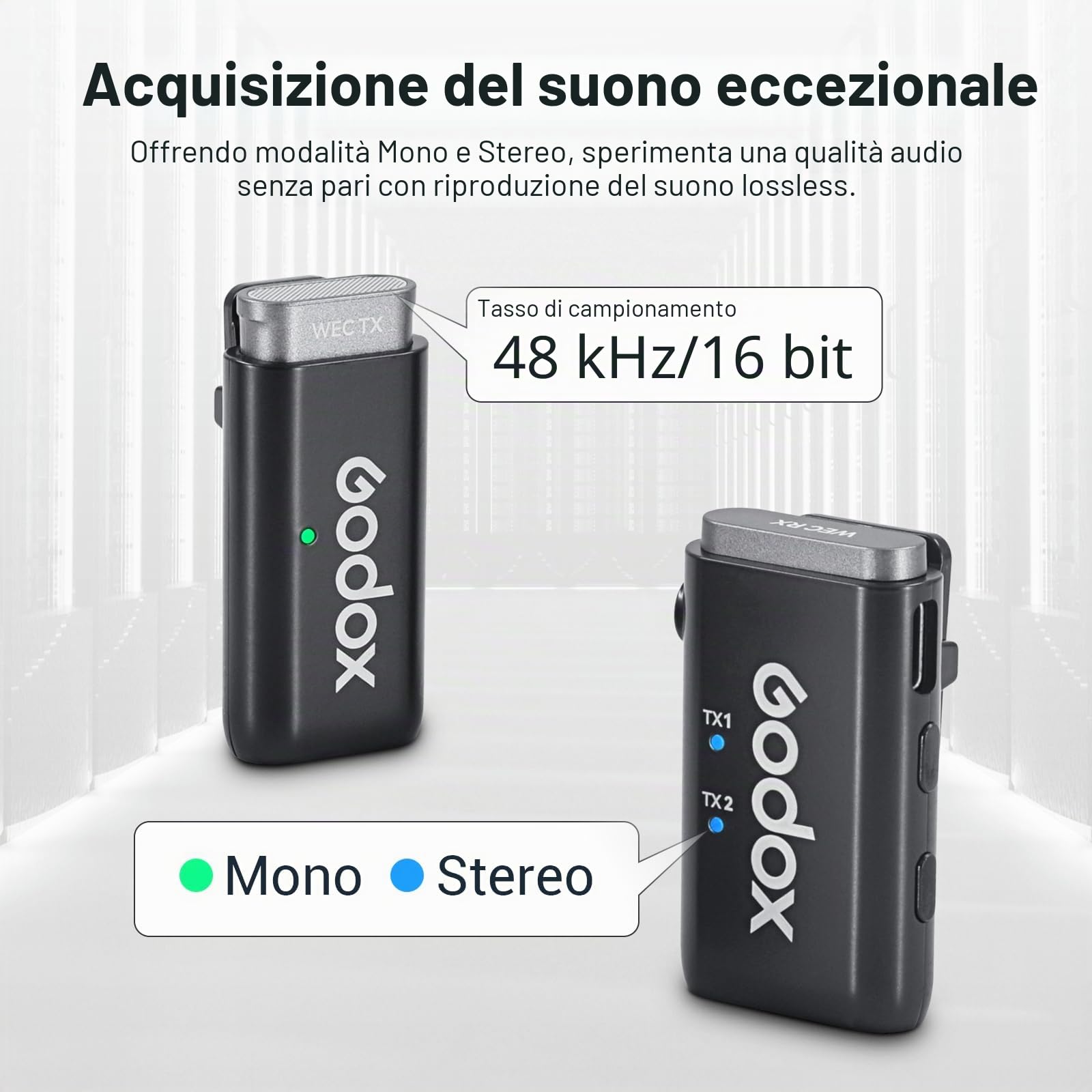 GODOX WEC kit2 Microfono lavalier wireless 2.4G a doppio canale,Durata batteria 8 ore, portata 200 m, cancellazione del rumore con custodia di ricarica per fotocamere, smartphone, PC, TikTok, YouTube