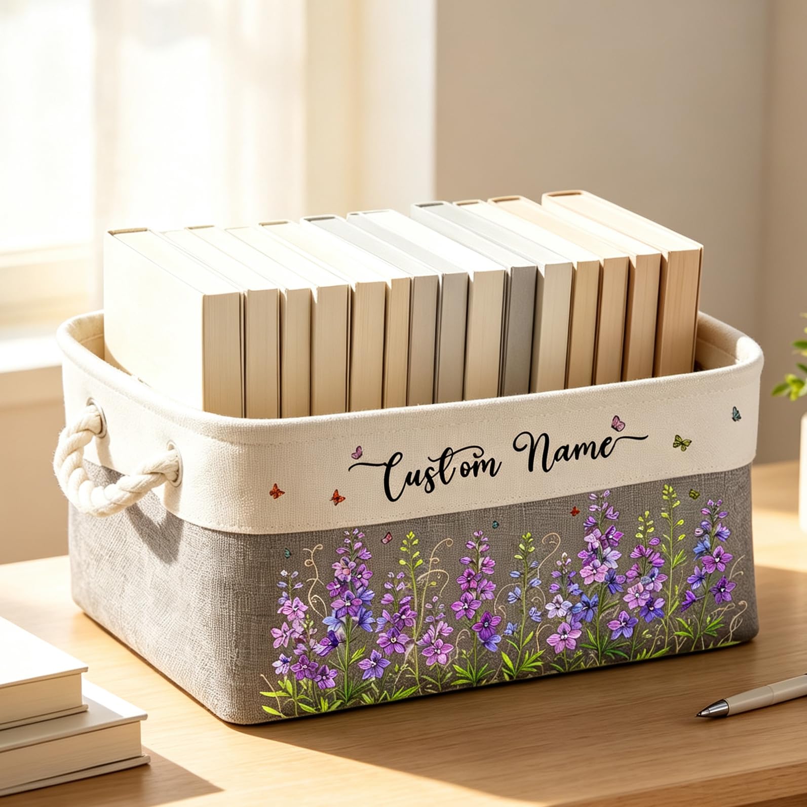 Personalized Storage Basket With Birth Month Flower Book Lover Gift, Custom Name Birth Flower Floral Book Storage Basket Organizer Gift for Women, Girls Bookish Bookworm Birthday Gifts (style 07)
