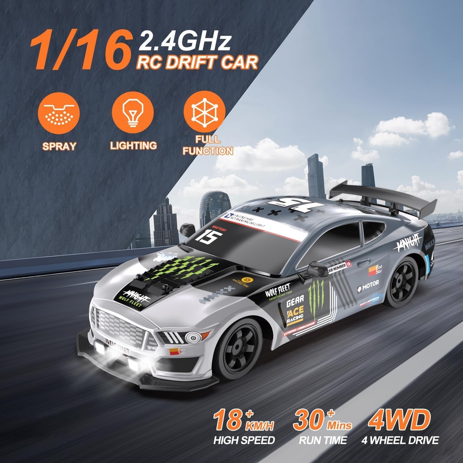 Skala 1/24 Rc Drift Car 4wd High Speed Pilot Racing Car Ze światłami Led I Opryskiwaczem, Opony Wyścigowe Do Driftu, Prezent Urodzinowy Dla Chłopców