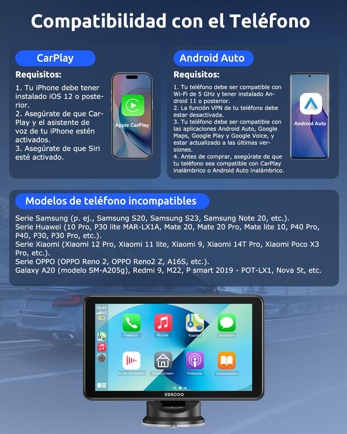 ESSGOO 7 Pulgadas Pantalla Carplay Coche Android Auto con Cámara de Reversa