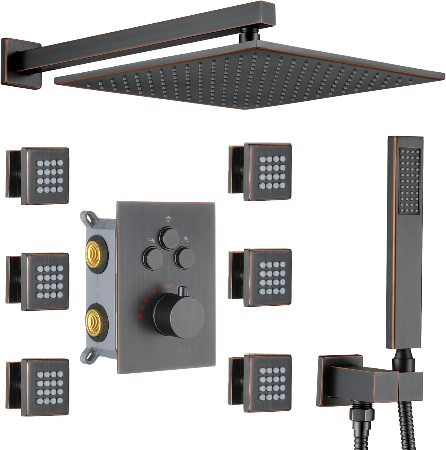Luxury Thermostatic Rain Shower System with 6 Body Shower Jets & Shower Head, Oil Rubbed Bronze Wall Mount Shower Faucet Set Complete with Push Button Thermostatic Valve & Shower Handheld