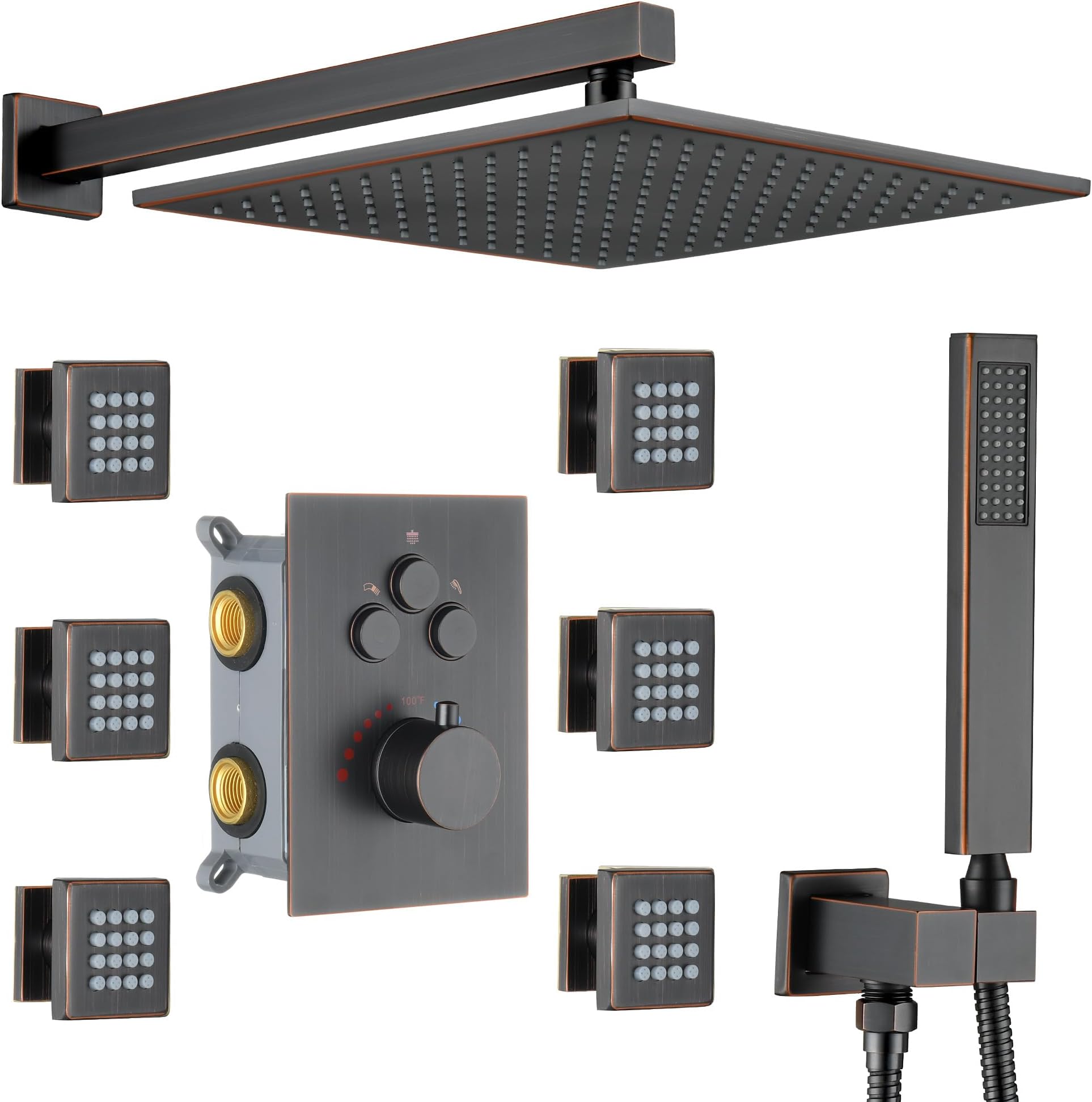Luxury Thermostatic Rain Shower System with 6 Body Shower Jets & Shower Head, Oil Rubbed Bronze Wall Mount Shower Faucet Set Complete with Push Button Thermostatic Valve & Shower Handheld