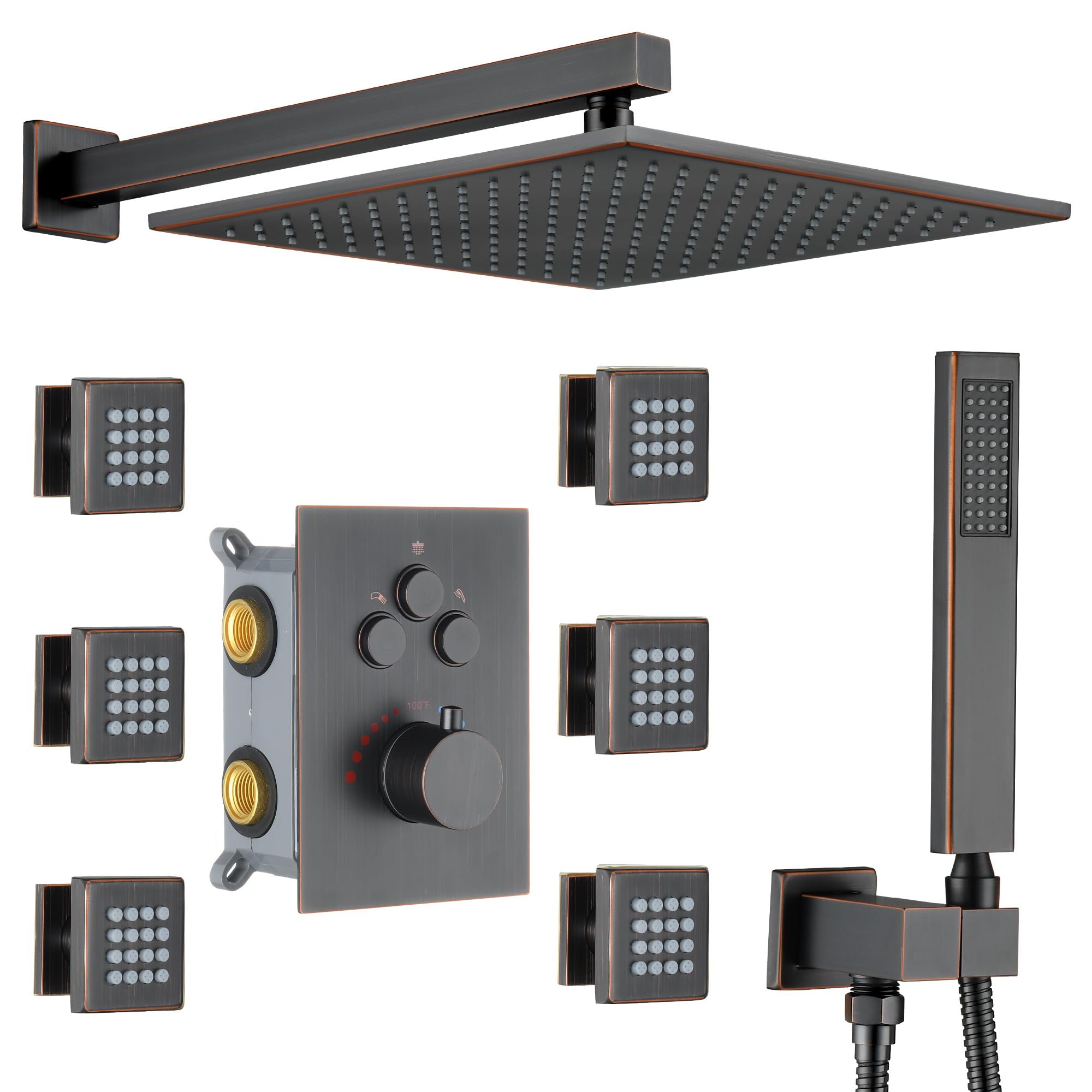 Luxury Thermostatic Rain Shower System with 6 Body Shower Jets & Shower Head, Oil Rubbed Bronze Wall Mount Shower Faucet Set Complete with Push Button Thermostatic Valve & Shower Handheld